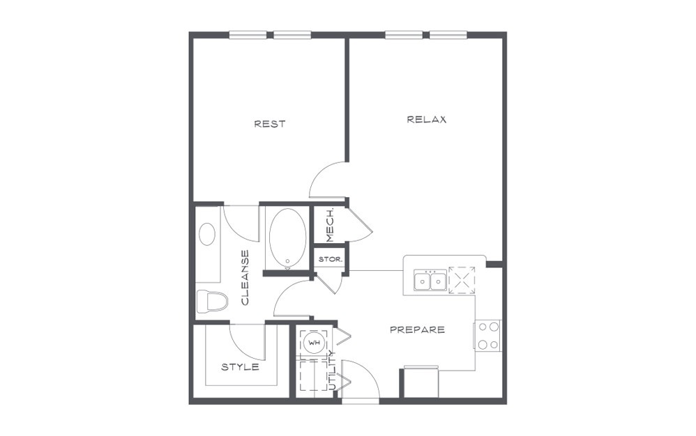 A1 - 1 bedroom floorplan layout with 1 bath and 730 square feet. (2D)