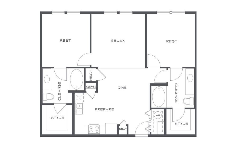 B1 - 2 bedroom floorplan layout with 2 baths and 1010 square feet. (2D)