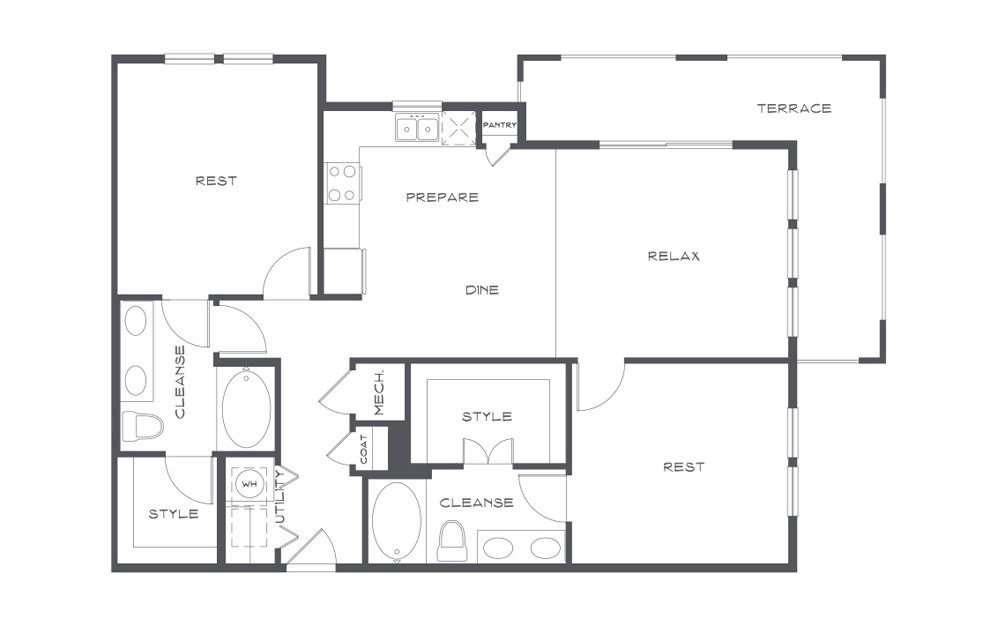 B4t Platinum - 2 bedroom floorplan layout with 2 baths and 1320 square feet. (2D)