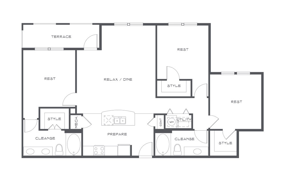 C1t Platinum - 3 bedroom floorplan layout with 2 baths and 1450 square feet. (2D)